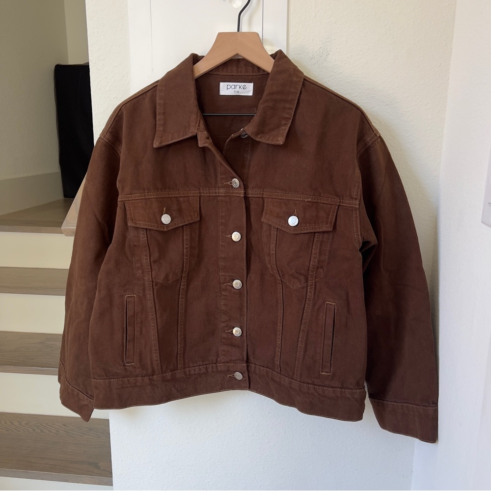 New PARKE Oversized Denim Jacket in Brown - Picture 3 of 13